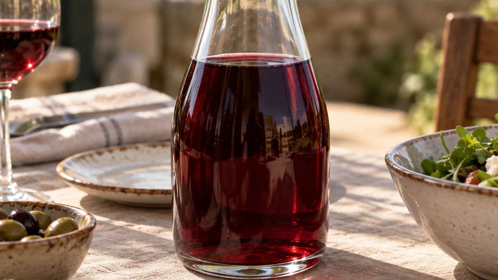 Simple pichet en verre rempli de vin rouge sur une table dressée en plein air