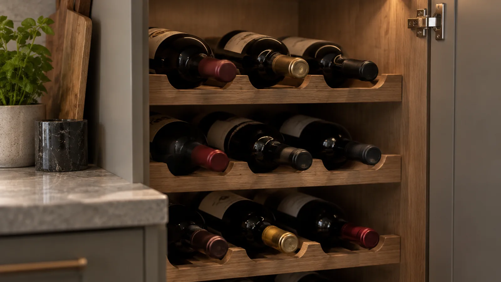 Bouteilles de vin couchées sur des étagères en bois dans un placard, à l'abri de la lumière