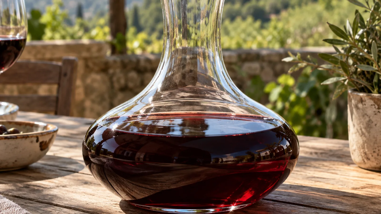 Carafe remplie de vin rouge sur une table en bois, face à un paysage de vignes