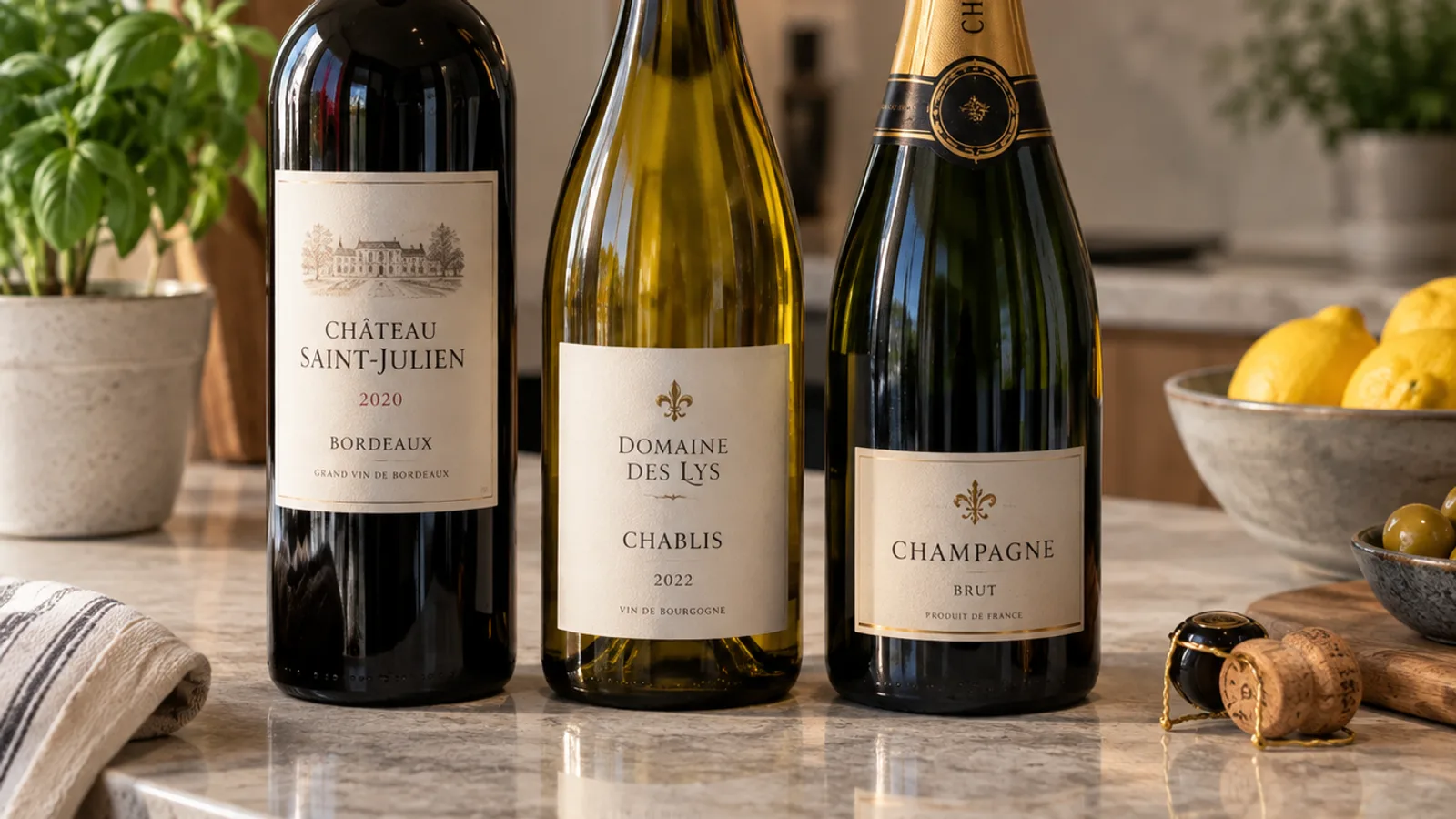 Trois bouteilles alignées, un Bordeaux rouge, un Chablis blanc et un Champagne brut