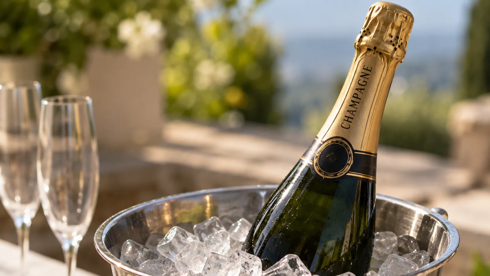 Bouteille de Champagne rafraîchie dans un seau rempli de glaçons, à côté de deux flûtes